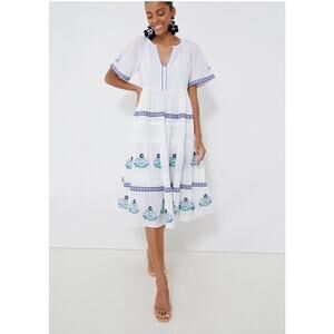 Draper James White Midi Dress with Blue and Green Floral Embroidery